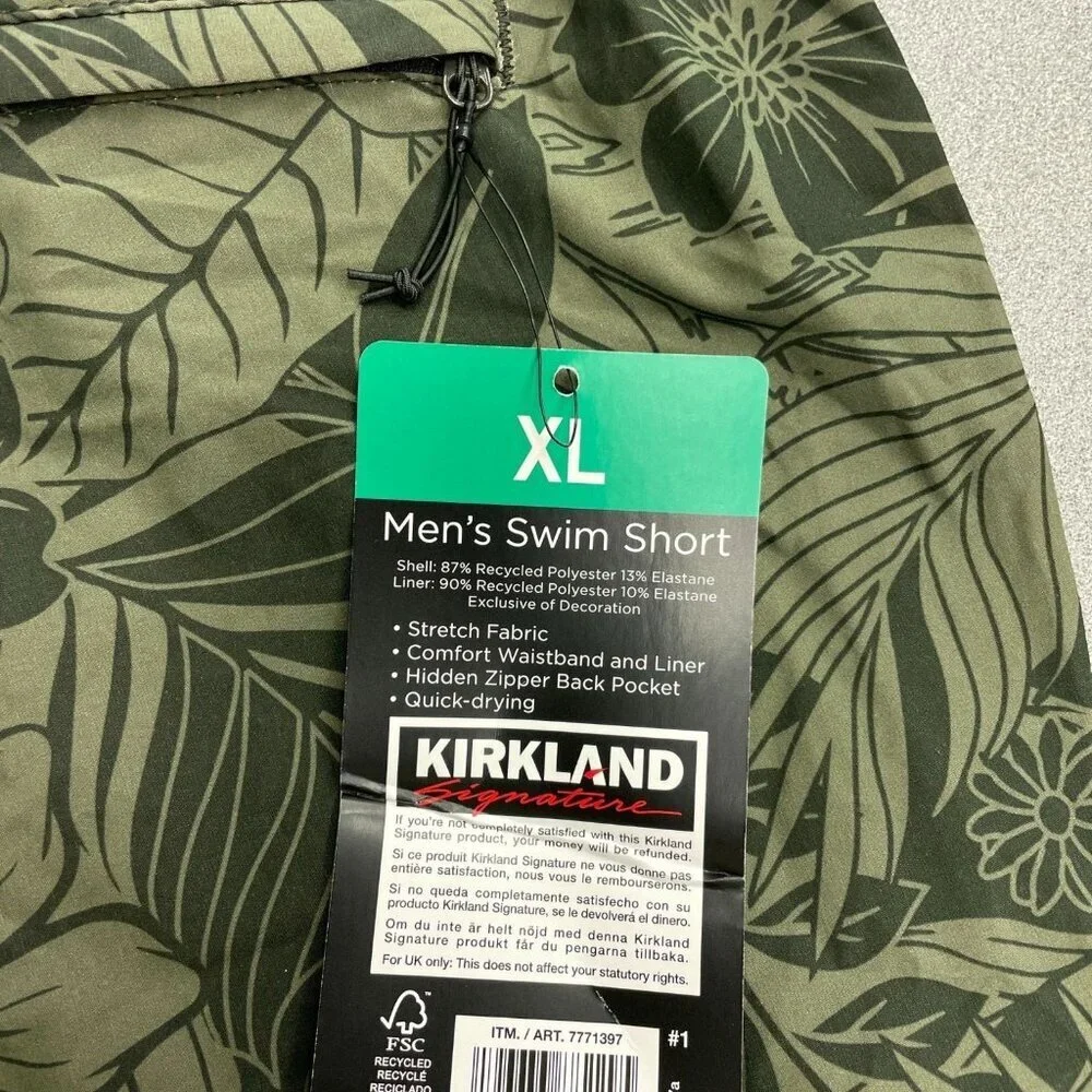 Kirkland Signature Men's XL Swim Trunk Olive Green Floral Print Quick Dry N0993